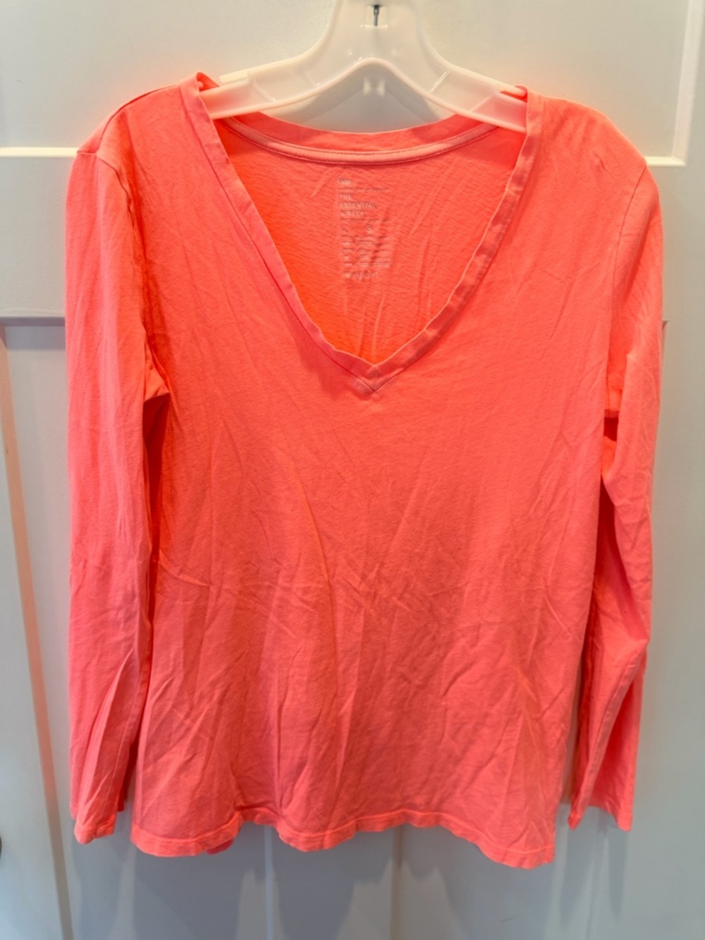 GAP Essential V Neck Tee Small Neon Coral Long Sleeve Pima Cotton Top